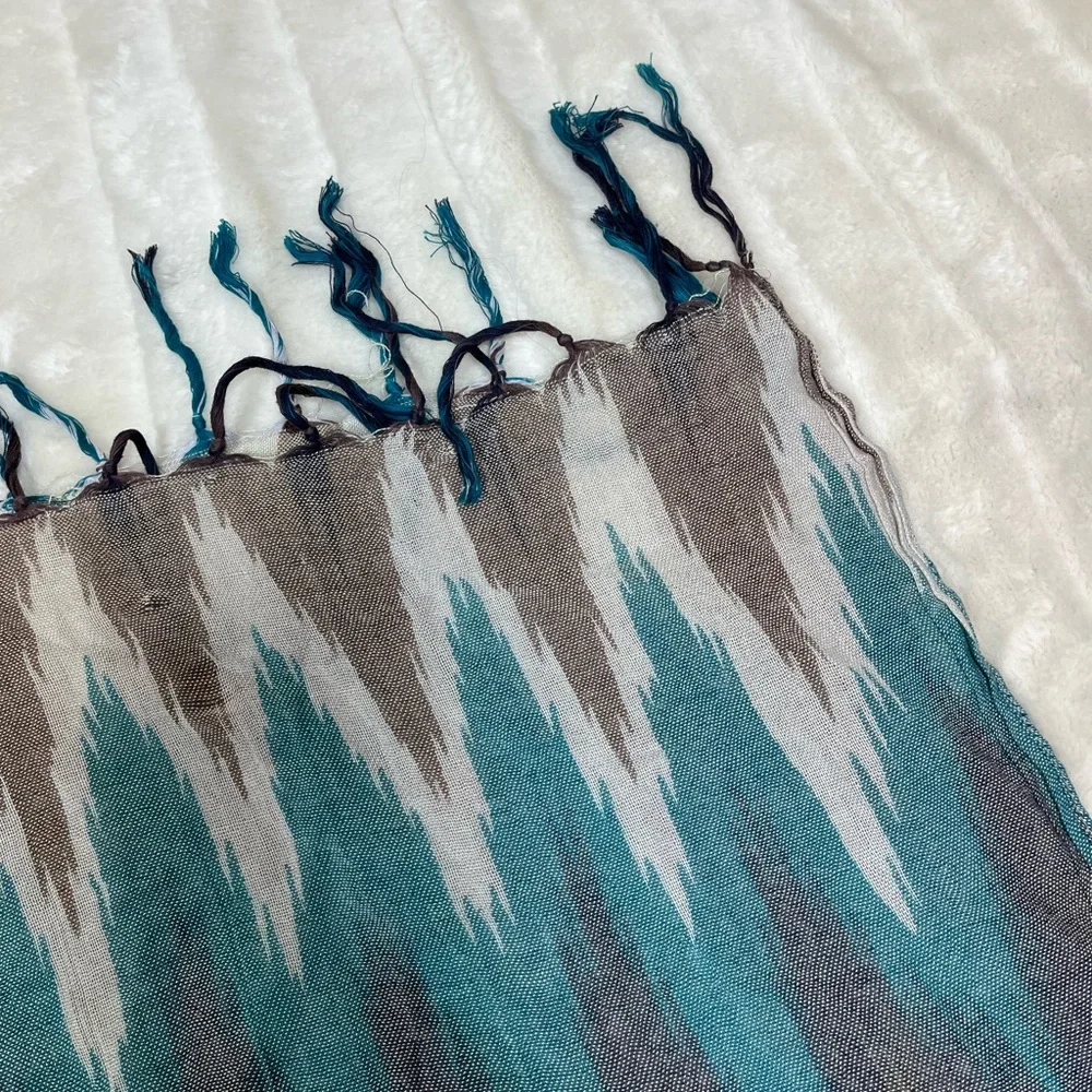 Ikat Boho Teal Brown Cream Fall Spring Tassel Scarf Travel Lightweight Semisheer